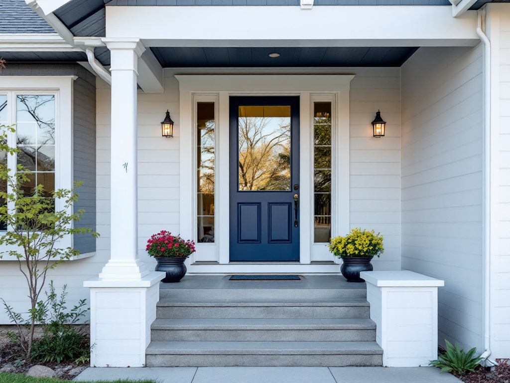 The tidy front entry of an upscale suburban Denver-area home with a clean door and swept steps