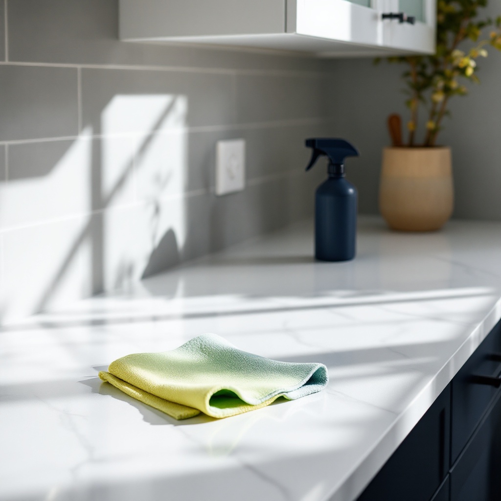 A streak-free white quartz kitchen counter with a folded microfiber cloth and spray bottle staged neatly