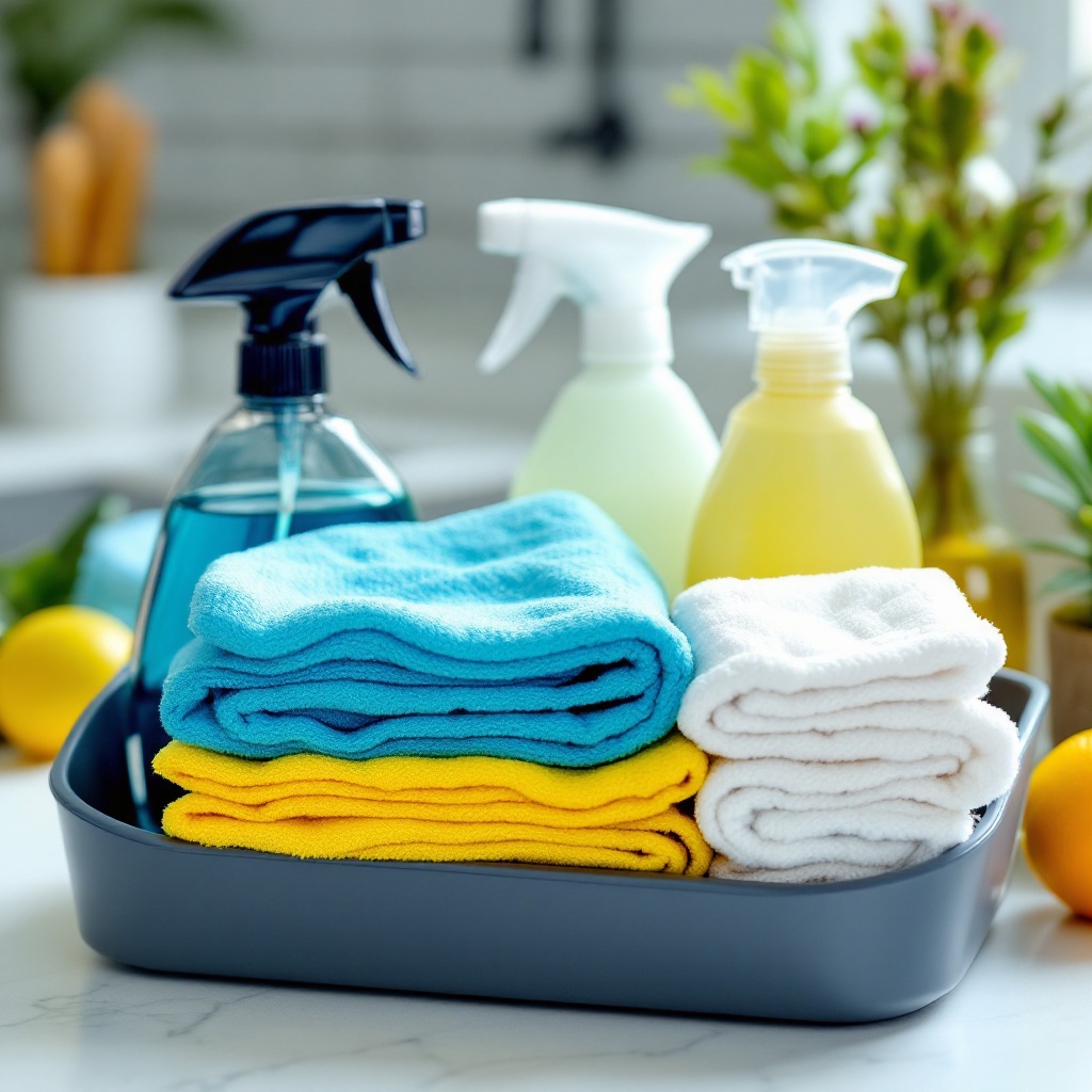 An organized cleaning caddy with squared stacks of folded microfiber cloths and spray bottles