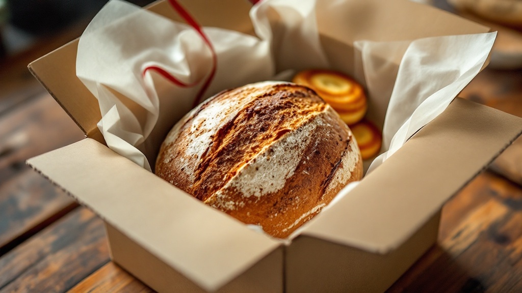 An open kraft shipping box lined with cream tissue paper holding a scored sourdough loaf with a deep mahogany crust and a few pastries, a cherry red ribbon curling across the paper