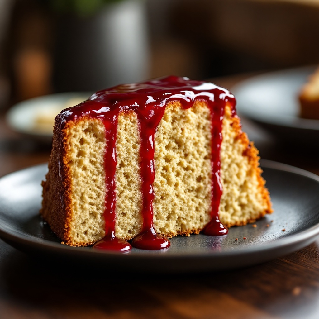 A slice of naked-style layer cake with cherry glaze dripping down the crumb