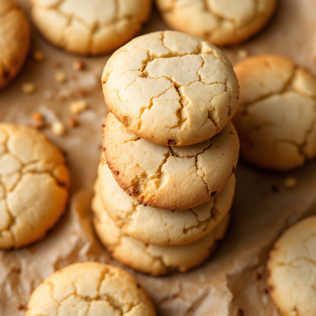 A stack of thick bakery cookies with cracked golden tops on parchment paper