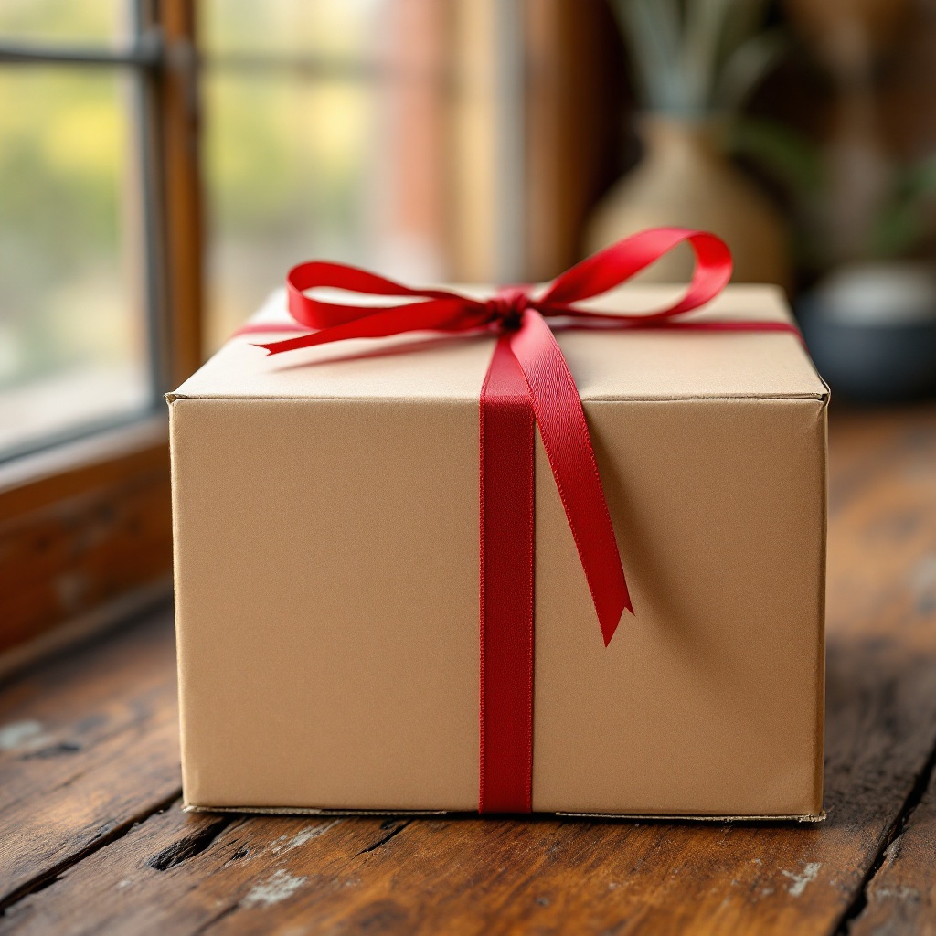 A kraft shipping box tied closed with a cherry red ribbon