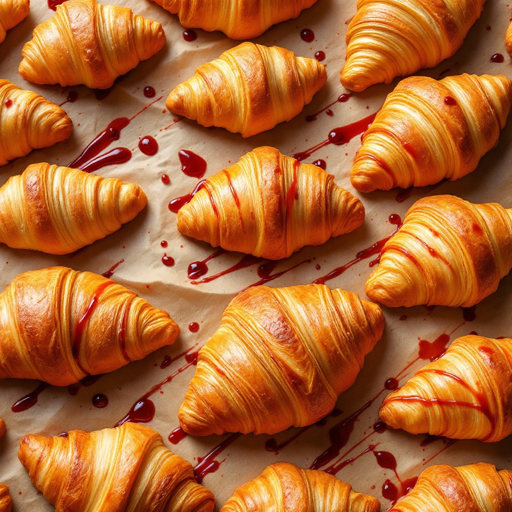 Golden butter croissants and pastries with cherry glaze arranged on parchment paper