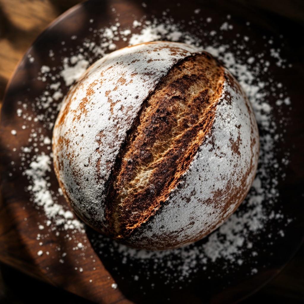 Overhead view of a hand-scored country sourdough loaf dusted with flour on a dark wood board