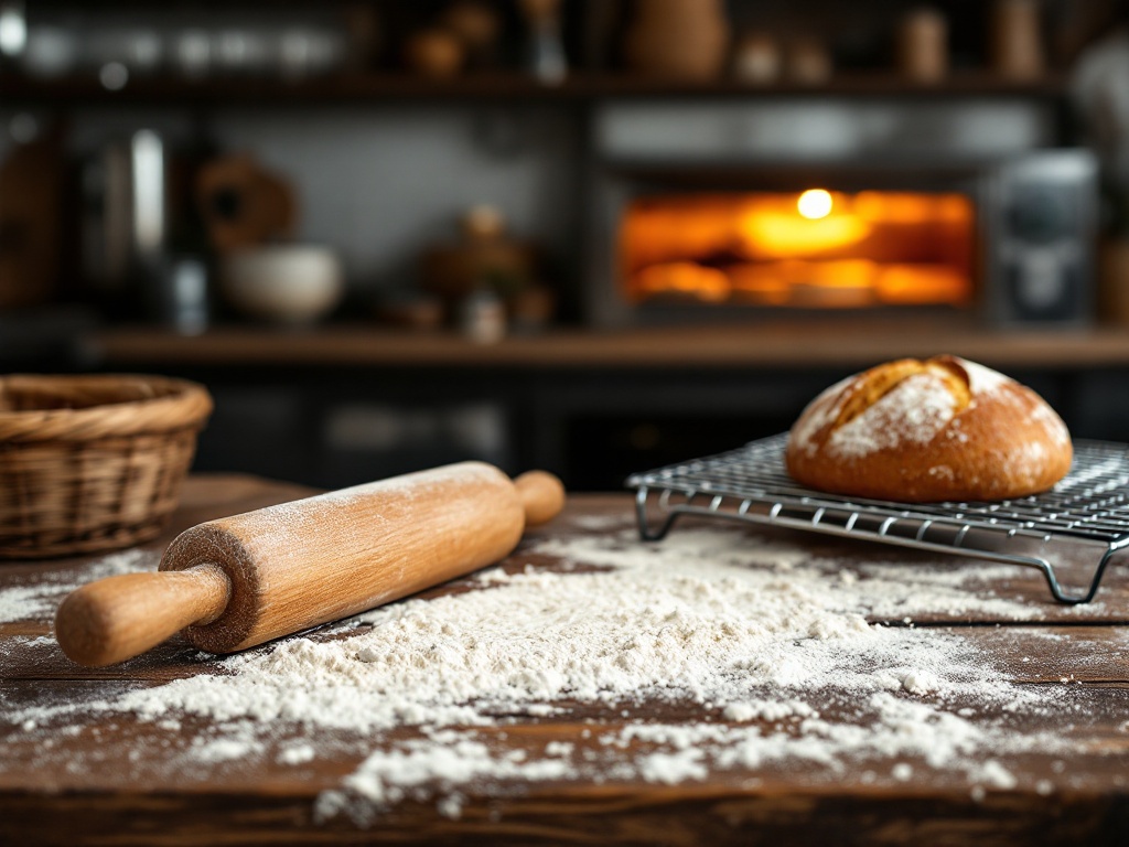 A flour-dusted wooden bakery counter with a rolling pin, a cooling rack, and warm oven glow in the background