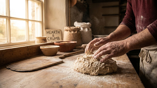 Baker's hands flouring dough