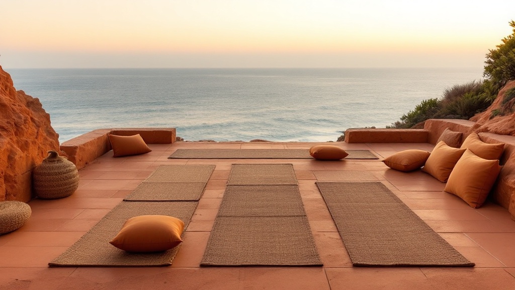 Empty yoga retreat deck on a coastal cliff at first light, woven mats and terracotta cushions facing the ocean
