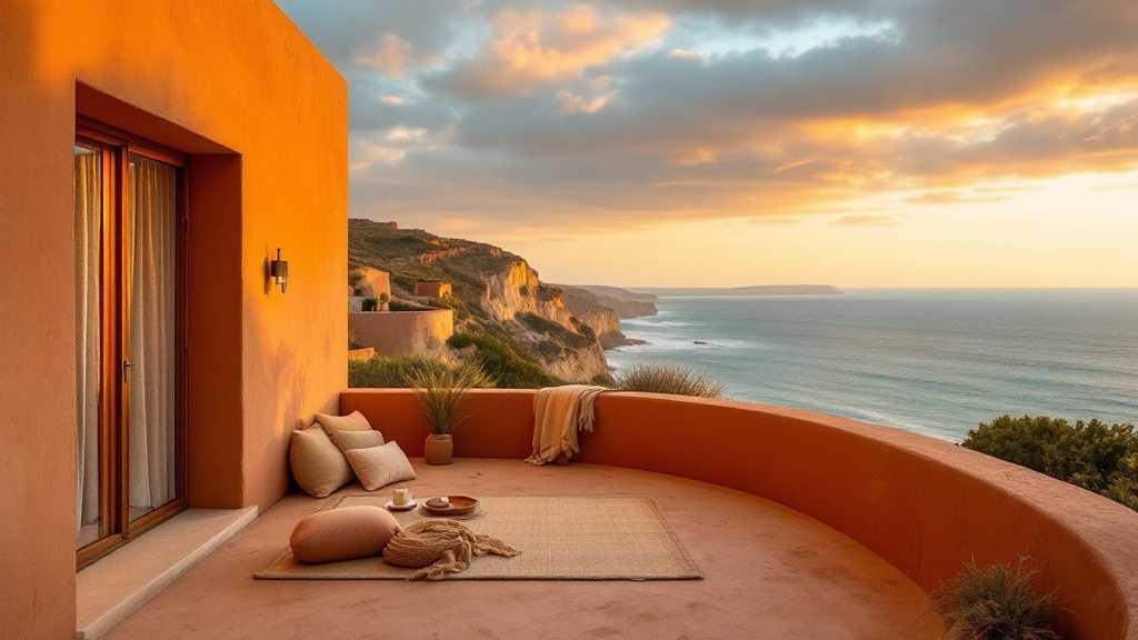 Coastal yoga retreat courtyard overlooking the ocean at sunrise