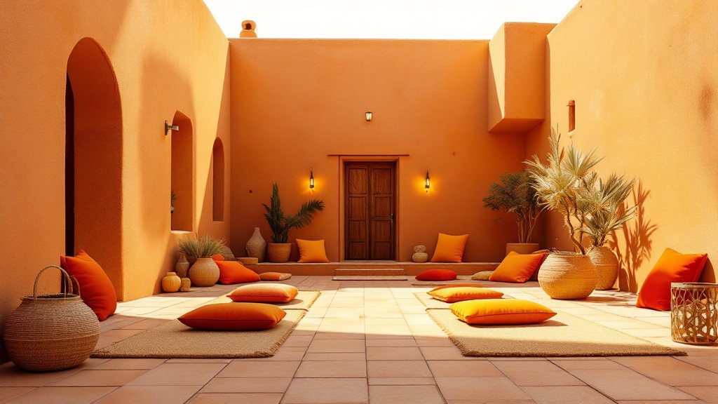 Desert adobe yoga retreat courtyard in golden light