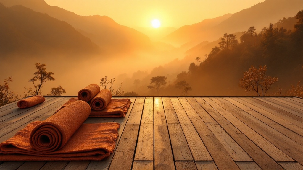 Misty mountain yoga retreat deck at dawn