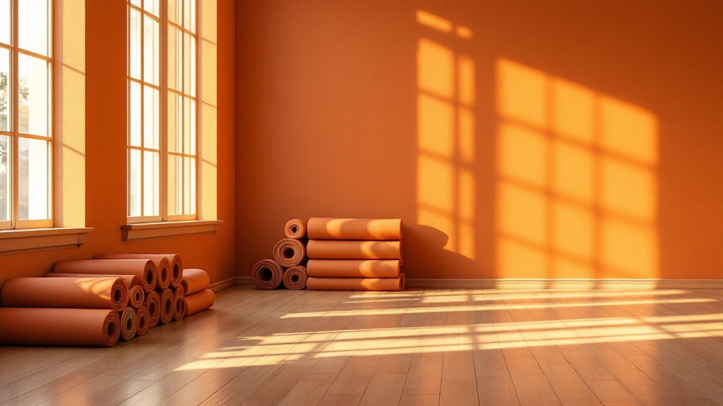 Empty wood-floor yoga studio interior with rolled mats in warm morning light