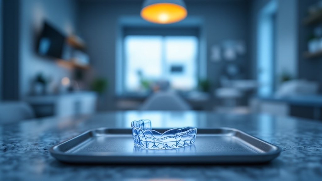 Sunlit modern dental treatment room with a clear aligner tray in the foreground, granite blue-gray and amber tones