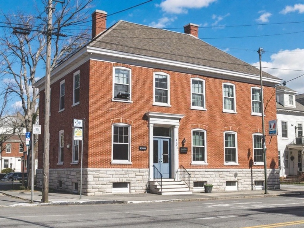 Brick and granite New England commercial building exterior in Milton, MA