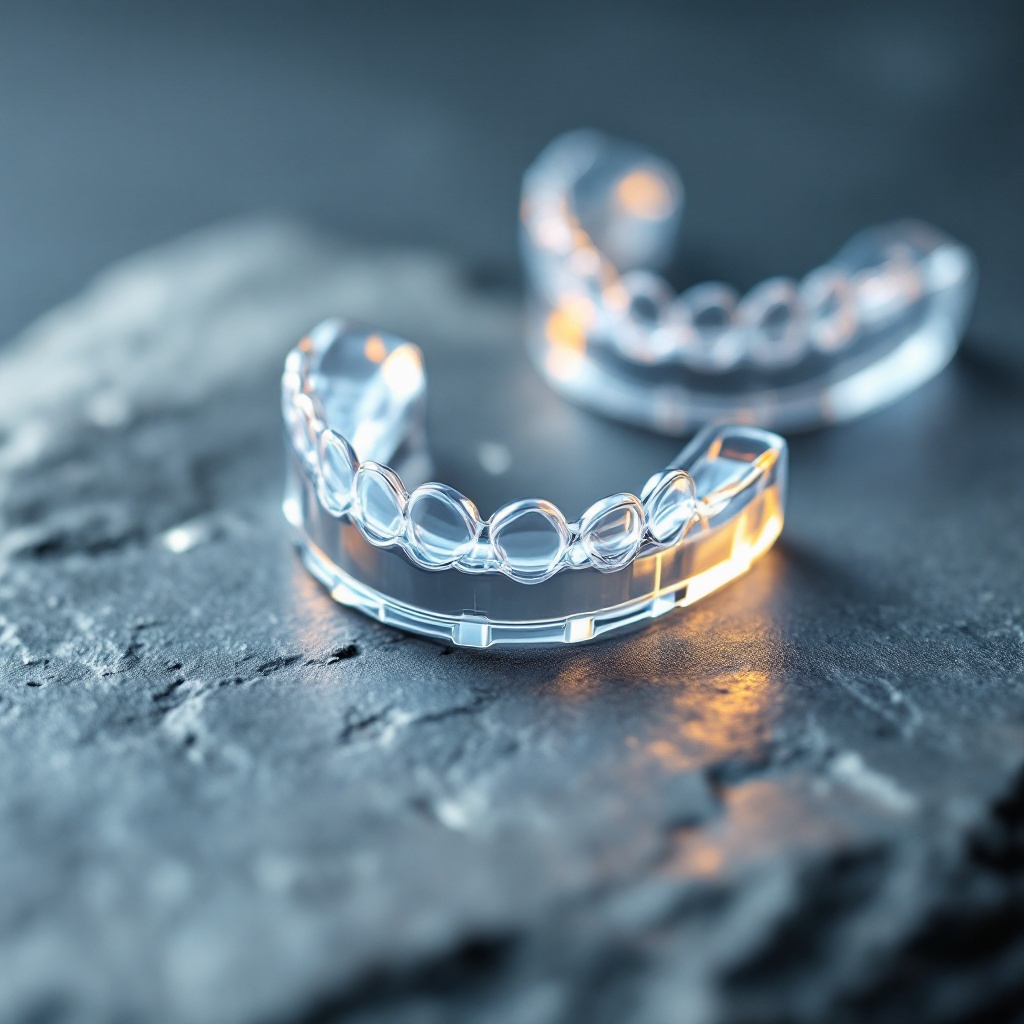 Clear aligner trays resting on a slate stone surface with warm amber light
