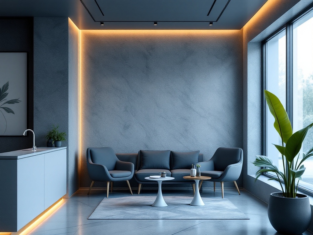 Calm dental practice waiting area in cool granite-blue tones with warm amber accent lighting