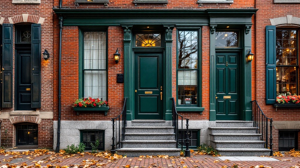Historic South Boston brick rowhouse facade with a ledger-green door and granite front steps