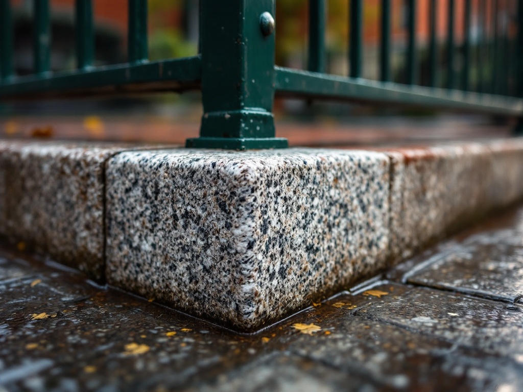 Granite curbstone corner detail with an iron fence on a South Boston street