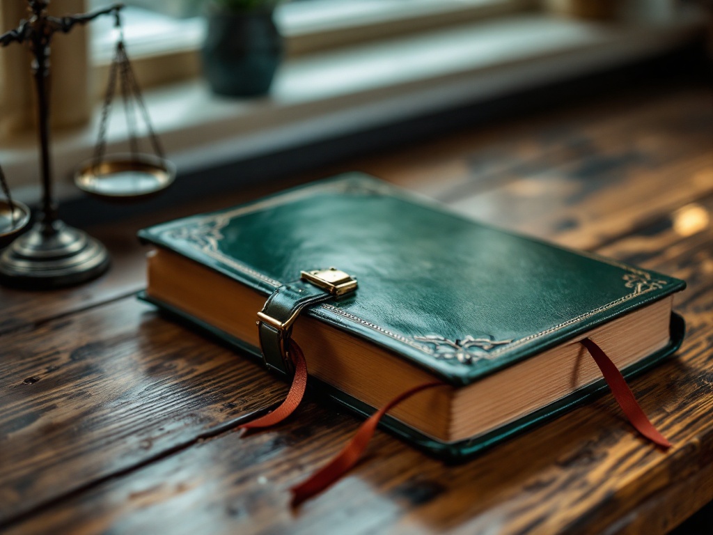 Closed leather ledger book with brass clasp beside small bronze scales