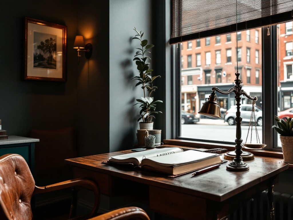Law office desk with a ledger book and scales, window overlooking a South Boston brick street