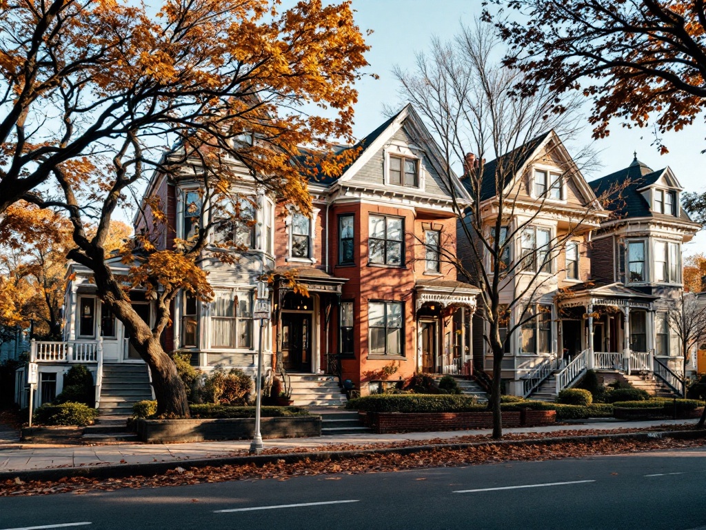 South Boston triple-decker houses on a residential street in autumn light