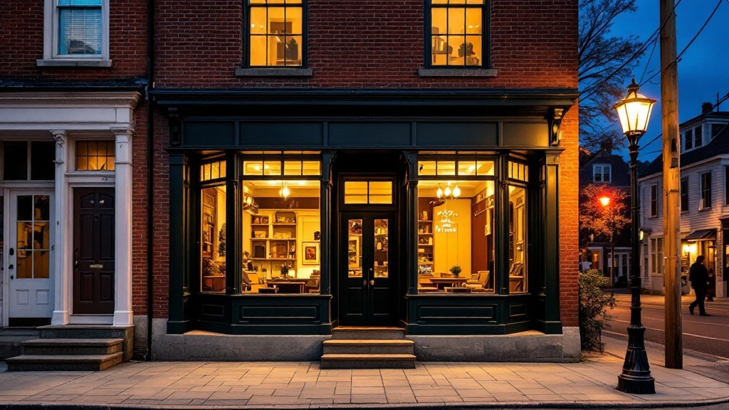 Brick storefront law office on a South Shore Massachusetts street at dusk