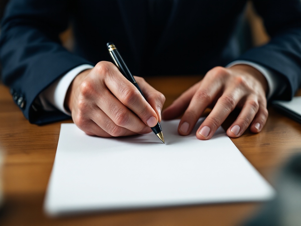 Reviewing a document by hand at a wood desk