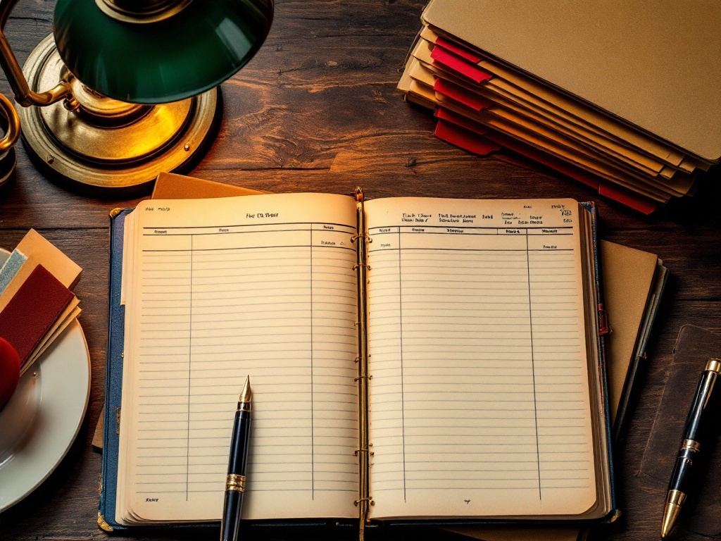 Desk with an open ledger, fountain pen, and case folders with red exhibit tabs