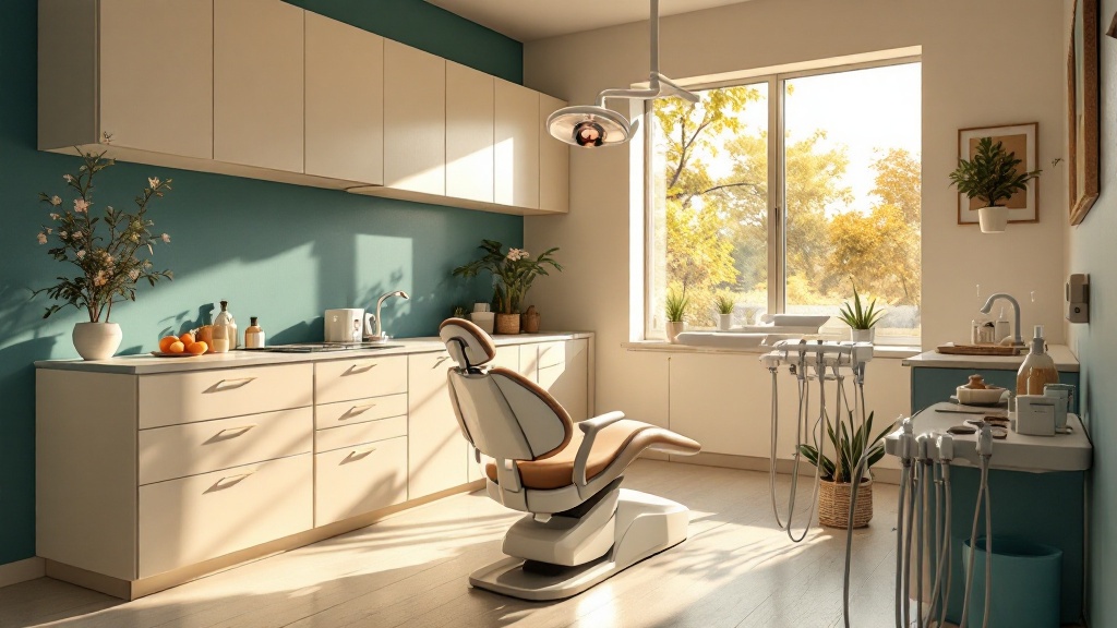 Sunlit modern dental treatment room in warm ivory and glazed teal tones