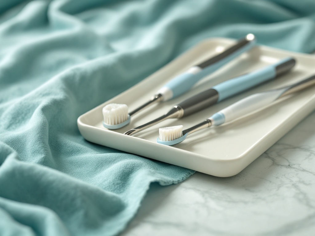 Clean dental hygiene tools on a tray in teal and ivory tones