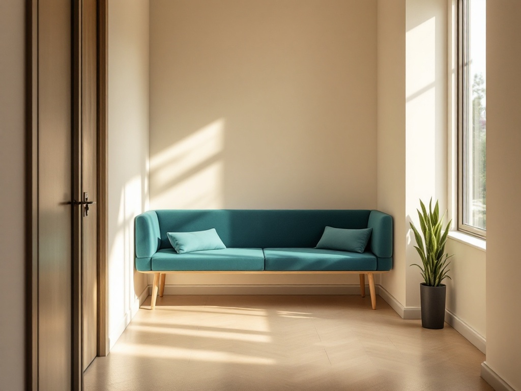 Small modern dental office reception nook in warm ivory and teal tones